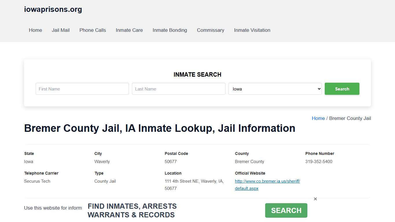 Bremer County Jail, IA - Offender Locator, Contacts, Inmate Info